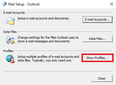 Klik på Vis profiler på fanen Profiler. Ret Outlook-fejl 0x8004102a i Windows 10