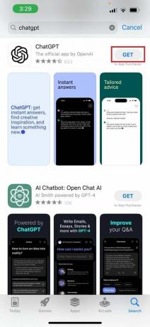 Suchen Sie ChatGPT und tippen Sie auf Get | chatGPT-App für iPhone herunterladen
