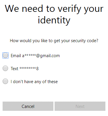Wählen Sie aus, wie Sie den Sicherheitscode erhalten möchten, und klicken Sie dann auf Weiter