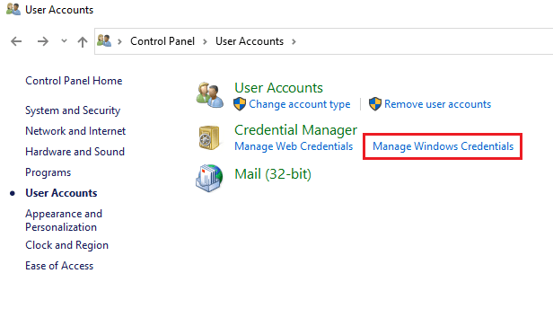 Kattintson a Windows hitelesítő adatok kezelése elemre