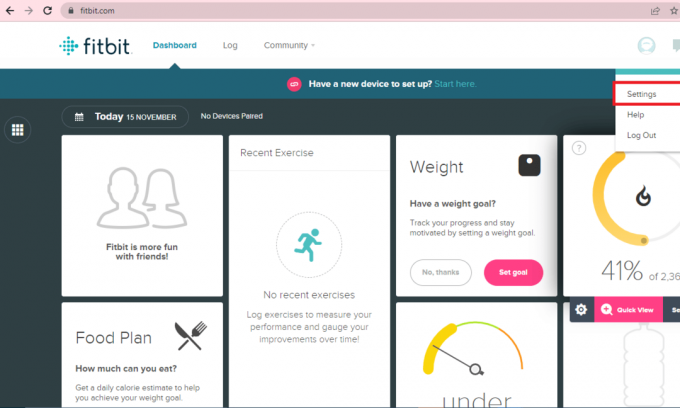 Configurações do fitbit no painel