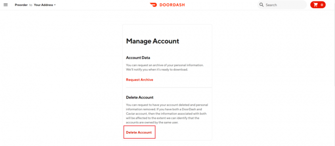 Ștergeți contul în pagina DoorDash Gestionați contul
