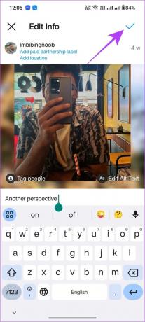 legg til bildetekster og trykk på haken på Instagram på Android