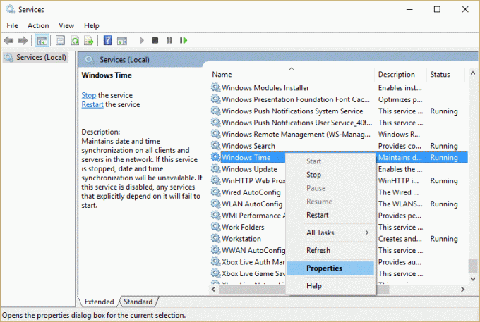 Napsauta hiiren kakkospainikkeella Windows Time Service -palvelua ja valitse Ominaisuudet
