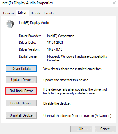 Clique com o botão direito do mouse no seu dispositivo de áudio e selecione Roll Back Driver. Corrigir o problema de som do PUBG no Windows 10 PC