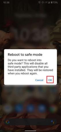 Tryck på OK för att starta om till felsäkert läge. | Hur man tar bort ett virus från en Android-telefon