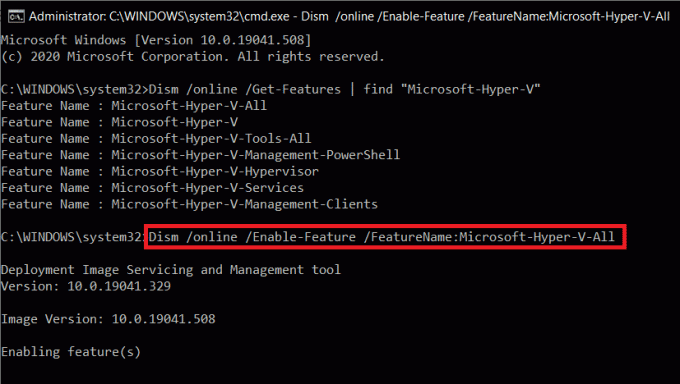 सभी हाइपर-वी सुविधाओं को स्थापित करने के लिए कमांड प्रॉम्प्ट में कमांड टाइप करें | विंडोज 10 पर वर्चुअलाइजेशन कैसे सक्षम करें