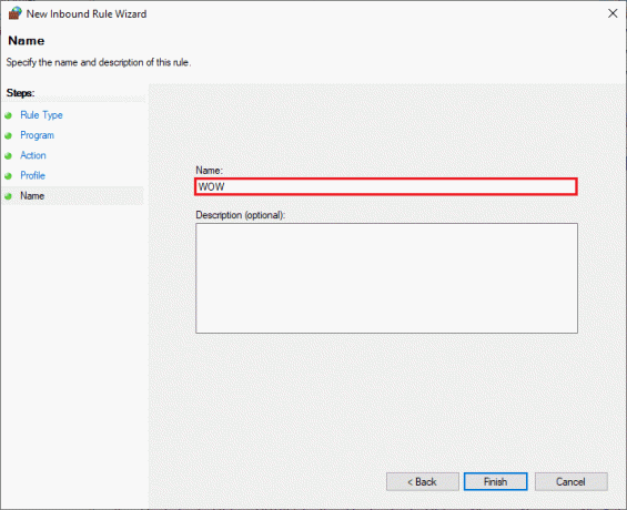 додајте име свом новом правилу и кликните на Заврши. Поправите грешку Ворлд оф Варцрафт 51900101 у оперативном систему Виндовс 10