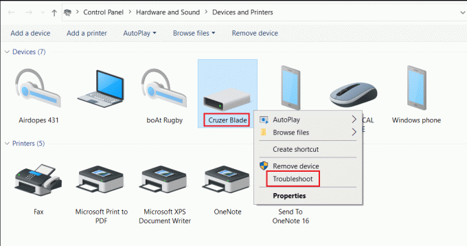 клацніть правою кнопкою миші на пристрої USB і виберіть опцію усунення несправностей у вікні пристроїв і принтерів. Виправити помилку запиту дескриптора невідомого USB-пристрою в Windows 10