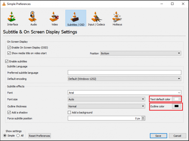 встановіть колір тексту за замовчуванням на білий і колір контуру на чорний. Як виправити, що субтитри VLC не працюють у Windows 10