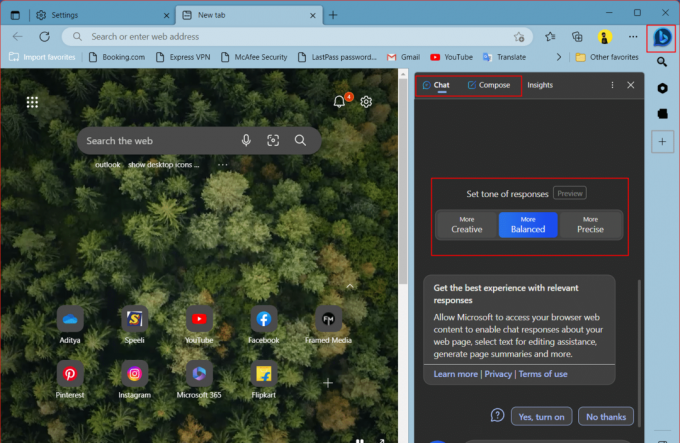 Klepet Bing AI v stranski vrstici Microsoft Edge