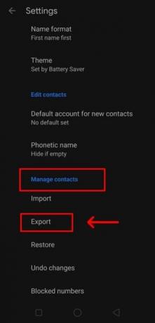 Померите се надоле да бисте дошли до опције Управљање контактима. Испод њега ћете видети опцију Извоз.