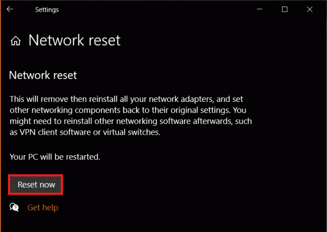 คลิกที่รีเซ็ตทันทีในการรีเซ็ตเครือข่าย แก้ไขข้อผิดพลาด Netflix 70371101 ใน Windows 10