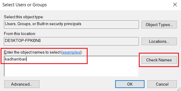 Πληκτρολογήστε νέο όνομα χρήστη και επιλέξτε το κουμπί Έλεγχος ονομάτων. Διορθώστε το σφάλμα Qbittorrent IO στα Windows 10