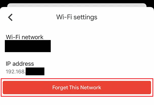 Tryk på Glem dette netværk for at afbryde forbindelsen til det nuværende tilsluttede Wi-Fi-netværk