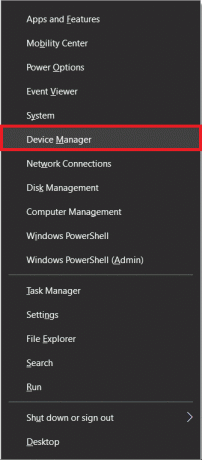 Paspauskite „Windows“ klavišą + X, kad atidarytumėte „Power user“ meniu ir pasirinkite „Device Manager“.