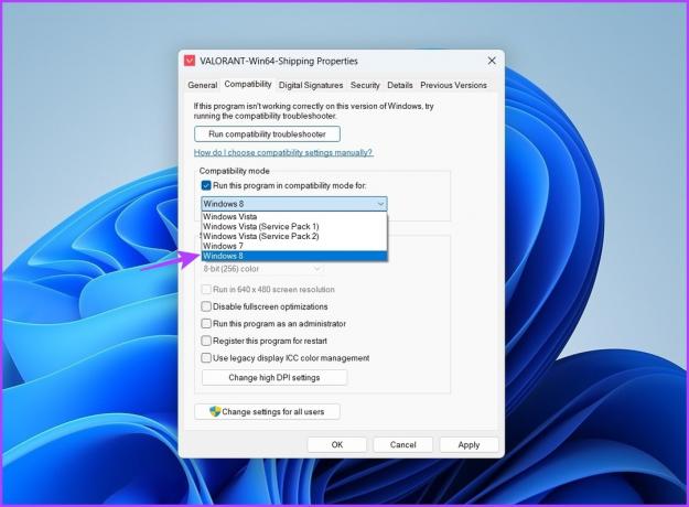Alternativ for kompatibilitetsmodus i vinduet Valorant-egenskaper