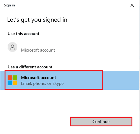 Microsoft 계정을 선택하고 계속 버튼을 클릭합니다. Microsoft Store에서 다시 시도 오류 수정