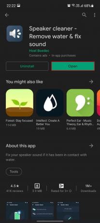 스피커 클리너 - 물 제거 및 사운드 앱 수정. 열기 옵션이 강조 표시됩니다. 