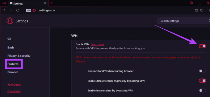 Na karte Funkcie vypnite VPN