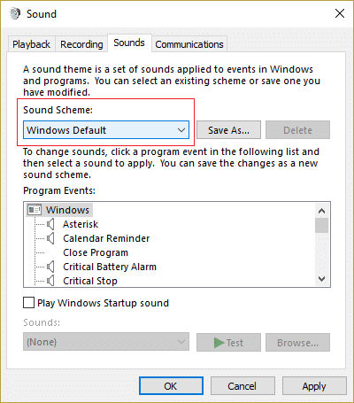 Pakeiskite Garso schemą į Be garsų arba į „Windows“ numatytuosius nustatymus