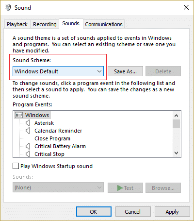 Schimbați Schema de sunet la Fără sunete sau implicit Windows