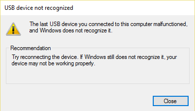 Das letzte an diesen Computer angeschlossene USB-Gerät hat eine Fehlfunktion und Windows erkennt es nicht