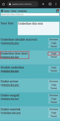 Tippen Sie neben dem gewünschten Stil auf die Option „Kopieren“. Beispielsweise haben wir „Unterstreichen“ (untere Linie) gewählt. | So fetten Sie Text in einem Facebook-Beitrag auf einem Android-Telefon ein