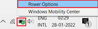 clique com o botão direito do mouse no ícone da bateria na barra de tarefas e selecione opções de energia