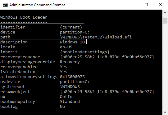 Skiltyje „Windows Boot Loader“ užsirašykite identifikatoriaus | reikšmę Kaip pridėti saugųjį režimą prie įkrovos meniu sistemoje „Windows 10“.