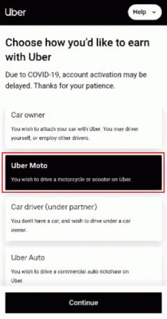 odaberite Uber Moto za vožnju motocikla ili skutera na Uberu i dodirnite Nastavi | Kako promijeniti svoj Uberov automobil u bicikl na Uber Eatsu