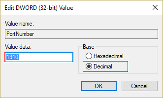 selectați Decimal sub bază, apoi introduceți orice valoare între 1025 și 65535