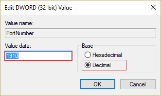 izberite Decimal pod osnovo in vnesite poljubno vrednost med 1025 in 65535