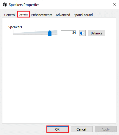 Zatim, u opciji Svojstva zvučnika, prijeđite na karticu Razine i provjerite je li vrijednost zvučnika postavljena na max. Popravite zumiranje zvuka koji ne radi u sustavu Windows 10