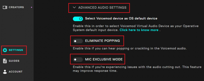 Вимкніть ELIMINATE POPPING і MIC EXCLUSIVE MODE, якщо вони ще не вимкнені.