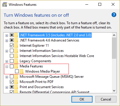 Deaktivieren Sie Windows Media Player unter Medienfunktionen