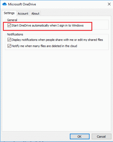 deselectați opțiunea Porniți automat OneDrive când mă conectez la Windows
