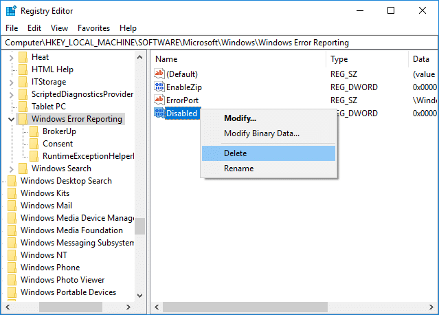 Norėdami įjungti „Windows“ klaidų ataskaitų teikimą, dešiniuoju pelės mygtuku spustelėkite Išjungtas DWORD ir pasirinkite Ištrinti