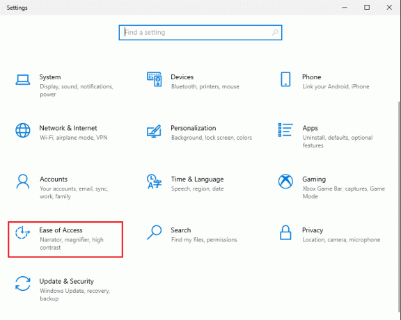 Start Innstillinger og naviger til Ease of Access | Fiks tastaturinndataforsinkelse i Windows 10