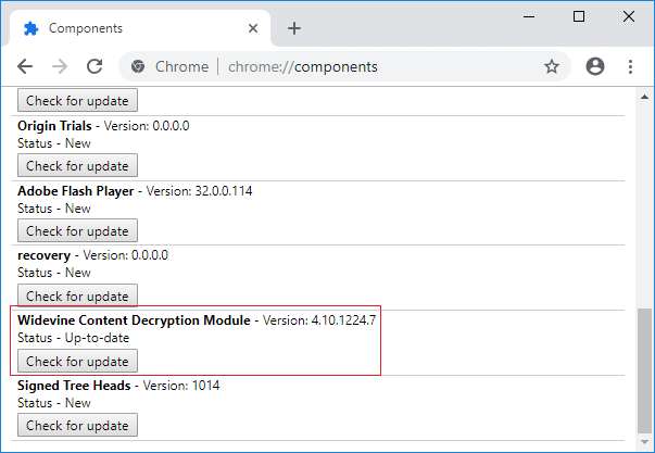 Klikk Se etter oppdatering under Widevine Content Decryption Module