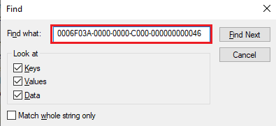 Pressione Ctrl + F para abrir a janela Localizar e digite a seguinte chave na caixa de pesquisa 0006F03A-0000-0000-C000-000000000046 