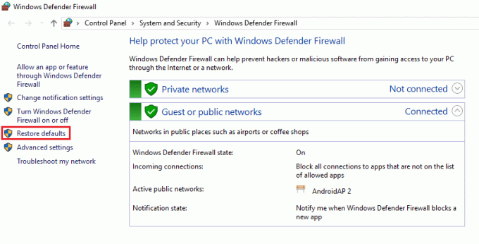 Klicken Sie unter den Windows Defender-Firewall-Einstellungen auf Standardwerte wiederherstellen