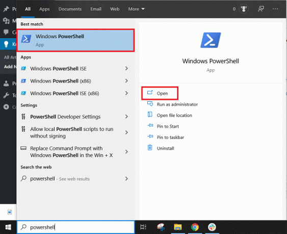 ไปที่การค้นหาเมนู Start แล้วพิมพ์ “PowerShell” แล้วคลิกที่ผลการค้นหา