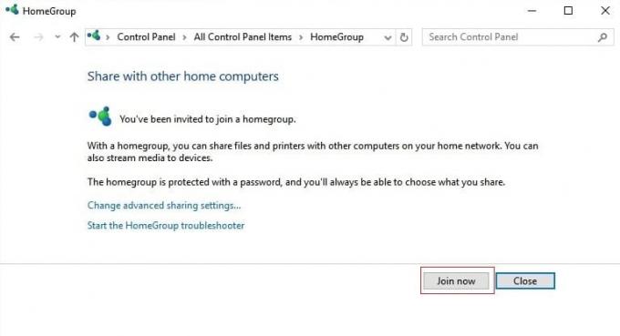 Klikněte na tlačítko Join now v okně HomeGroup