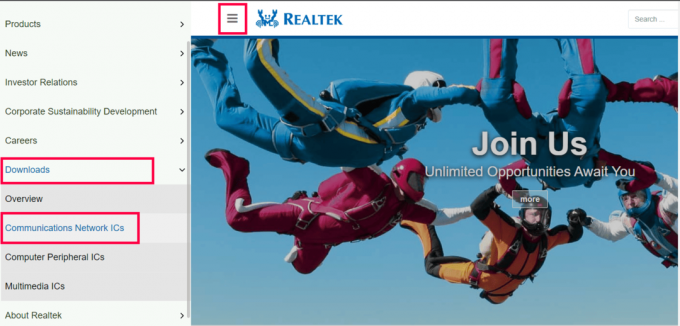 Abra su navegador web preferido y vaya al sitio web oficial de Realtek. En la esquina superior izquierda, haz clic en las tres líneas horizontales. Haga clic en Descargas y luego en IC de redes de comunicación. 