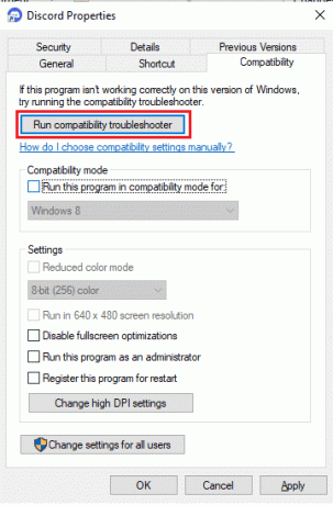 Käivitage ühilduvuse tõrkeotsing. Parandage Windows 10 tõrge 1105 Discord