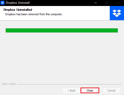 Kai programa bus pašalinta, spustelėkite Uždaryti ir iš naujo paleiskite kompiuterį, kad užbaigtumėte procesą.