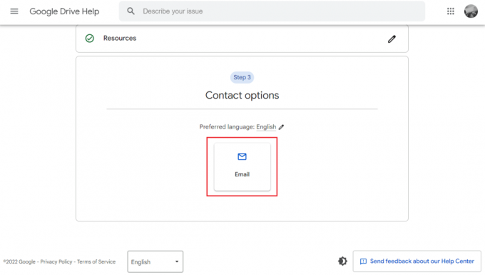 Kliknij E-mail na następnej stronie, aby skontaktować się z Google przez e-mail