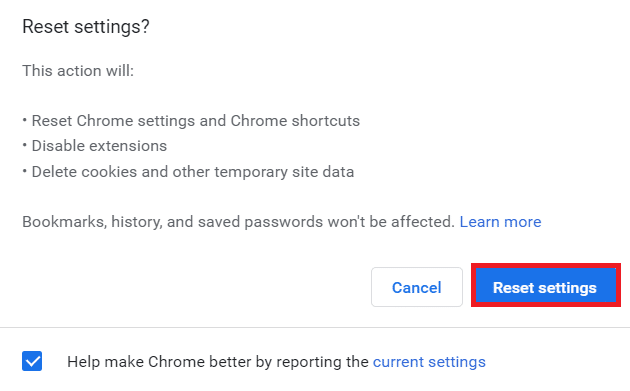 คลิกที่รีเซ็ตการตั้งค่า แก้ไข Google Chrome ไม่อัปเดต