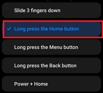 виберіть Тривале натискання кнопки додому